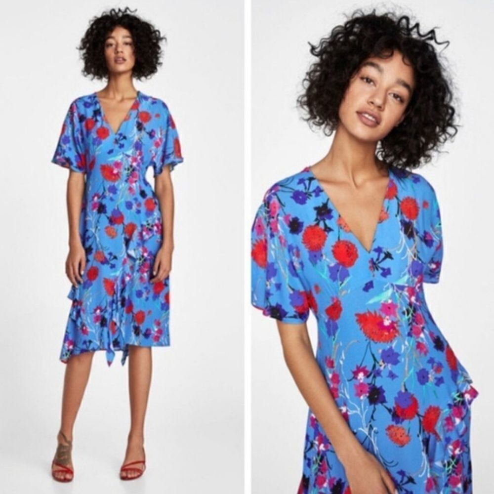 Zara Blue Floral Print Midi Dress Size XS